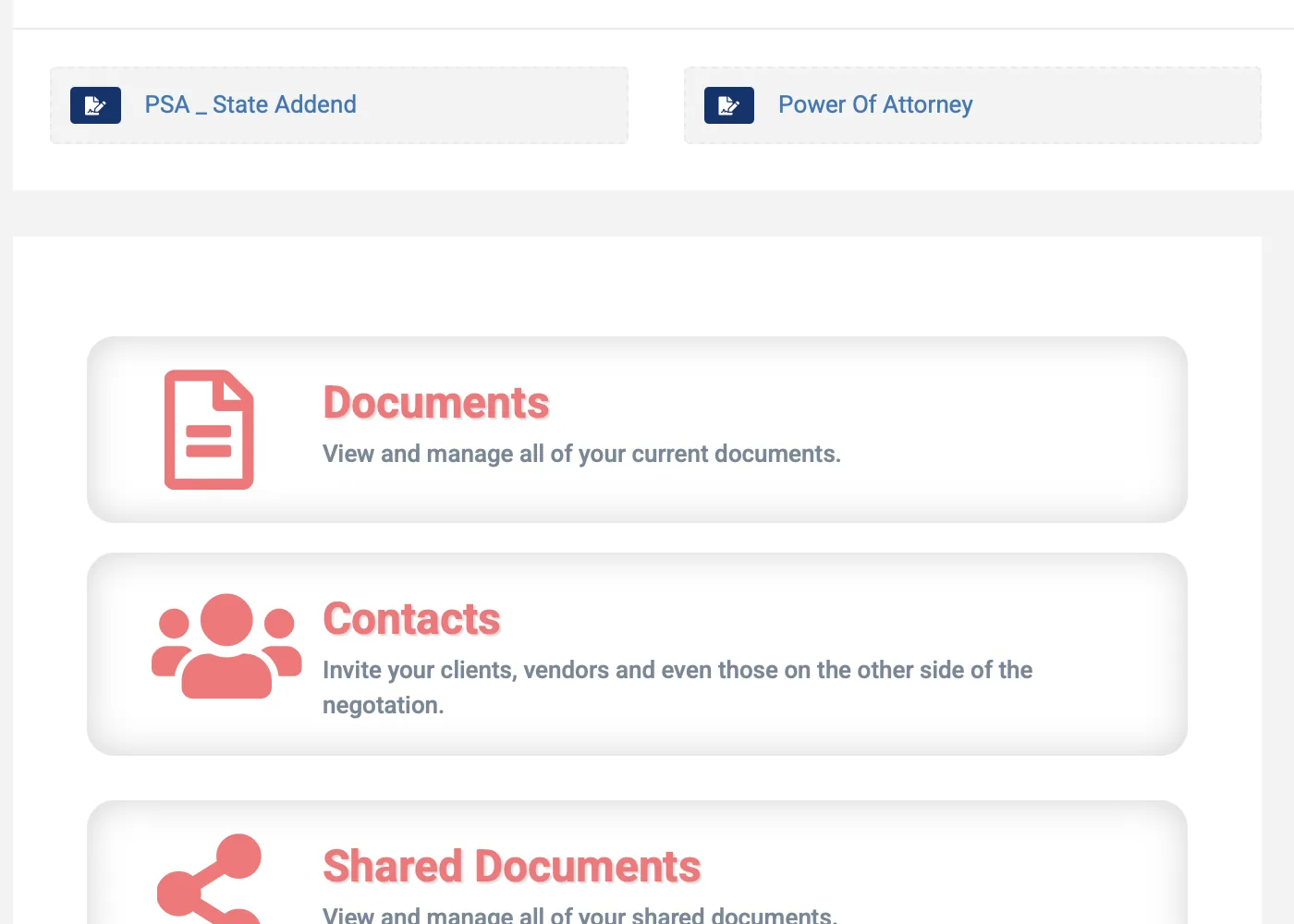 eSignbold workspace showing document, contact, and shared-document areas